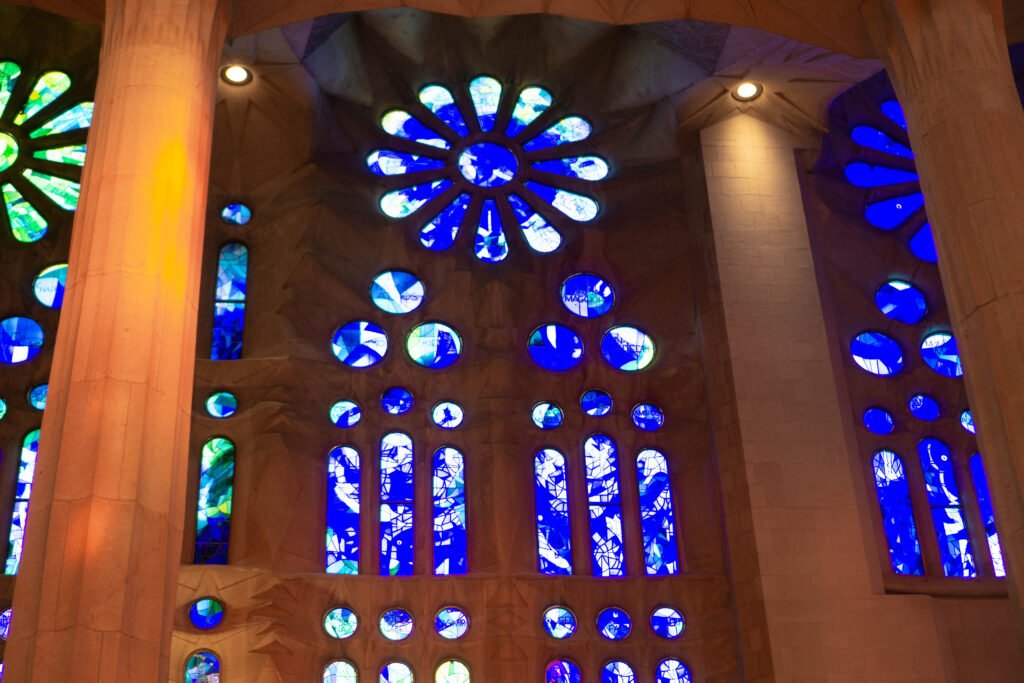Stained glass interior details inside Sagrada Familia