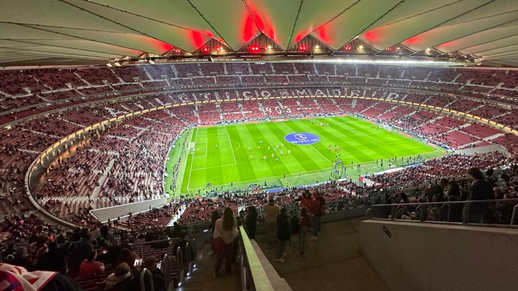 View from our seats at an Atlético Madrid football match at Metropolitano Stadium.