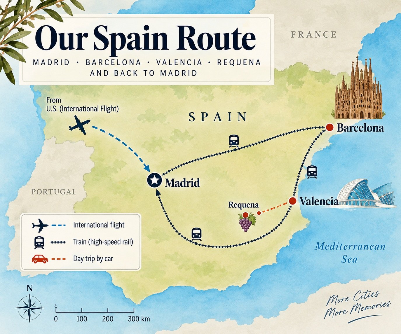 Map of our Spain route from Madrid to Barcelona, Valencia and back to Madrid